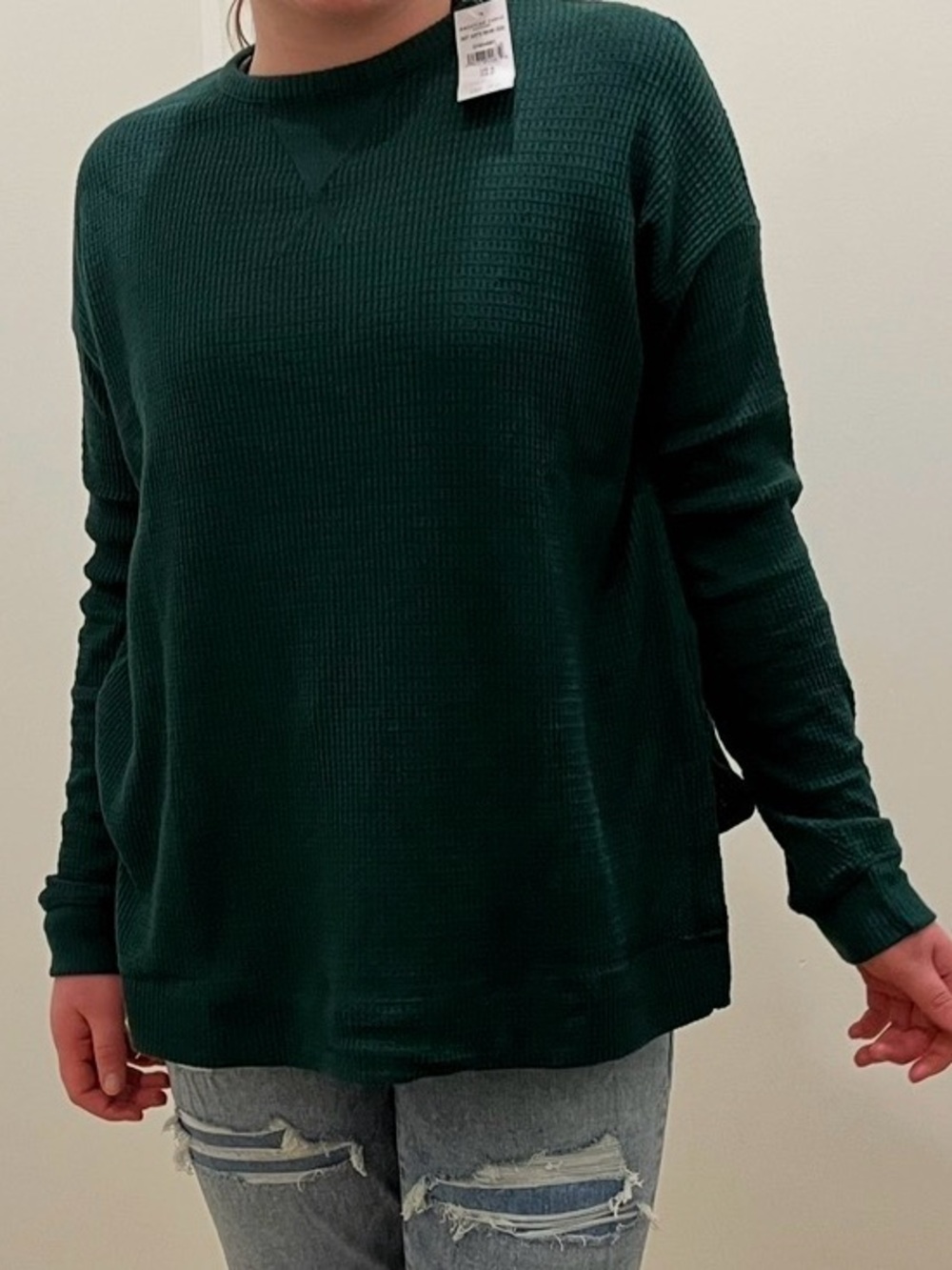American Eagle Outfitters Hunter Green Waffle-Knit Long-Sleeve Top